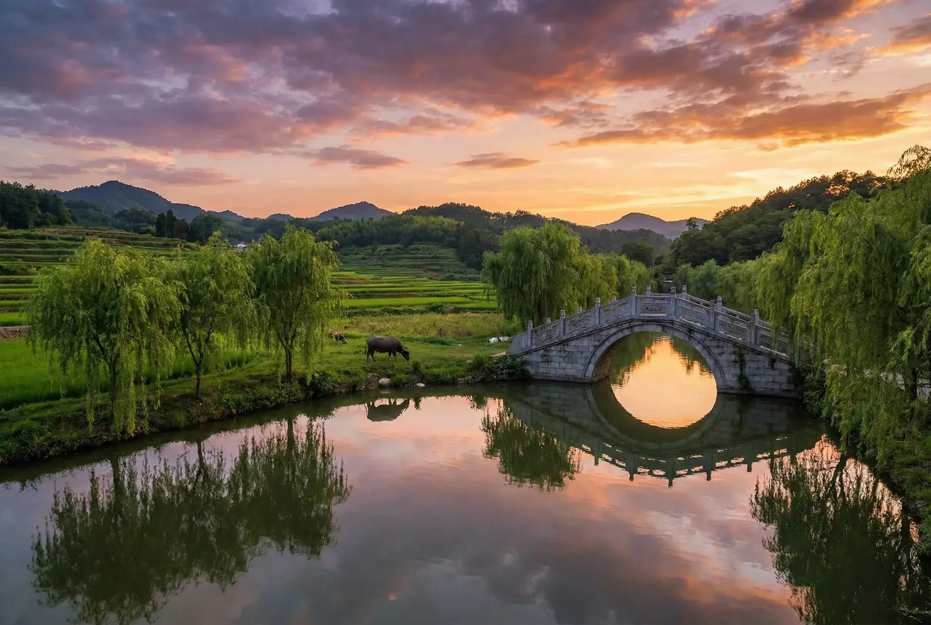夕阳下的石拱桥与垂柳，水牛在河边吃草 - 年轻的小峓子完整版4 乡村美景
